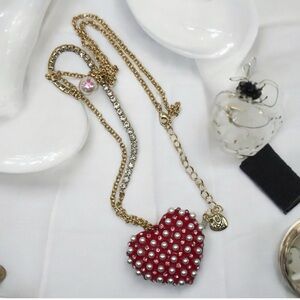 Betsey Johnson Heart Rhinestone Faux Pearl Long Pendant Necklace New